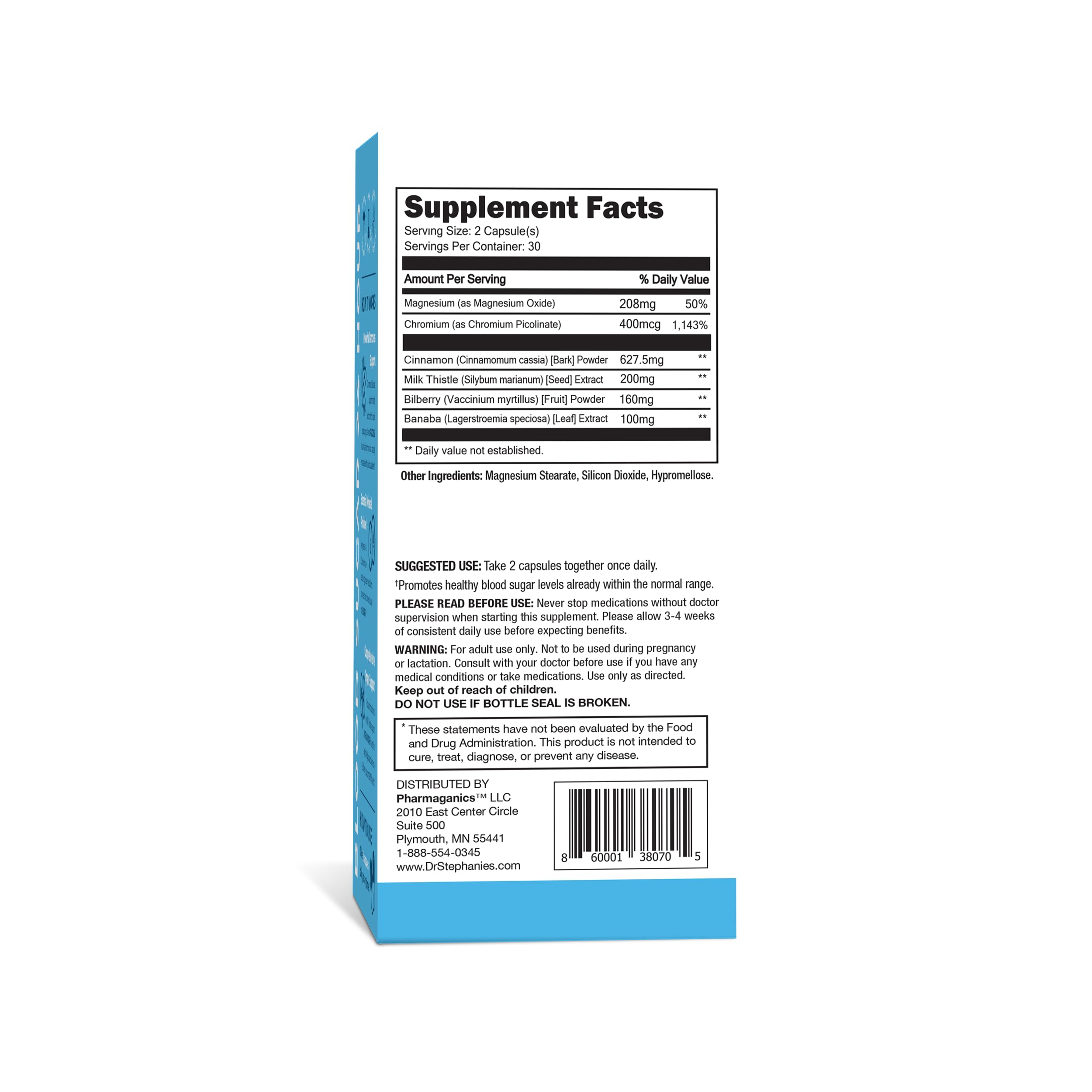 Pharmaganics Blood Sugar 24 Hour packaging box featuring US-made and third-party tested quality.