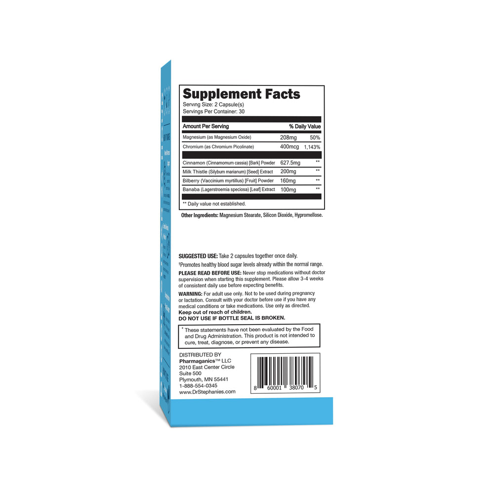 Pharmaganics Blood Sugar 24 Hour packaging box featuring US-made and third-party tested quality.