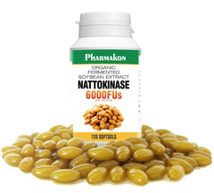 PHARMAKON nattokinase bottle side view highlights organic fermentation and daily use.