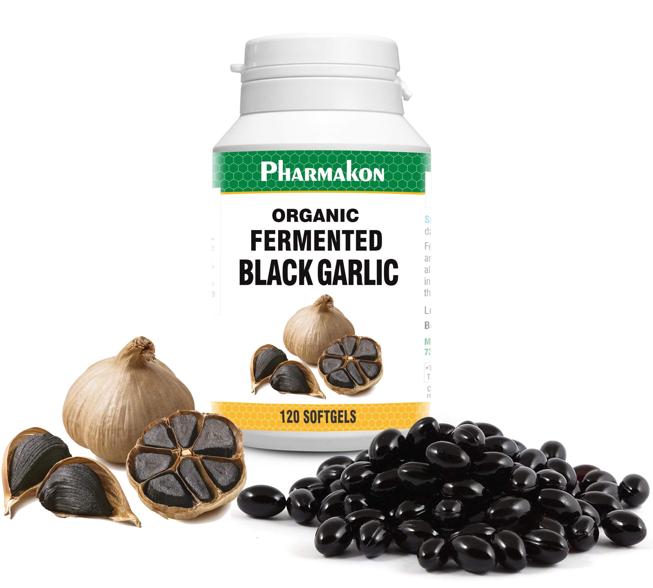 PHARMAKON Organic Aged Black Garlic bottle displaying odor-reduced soft capsules for daily use