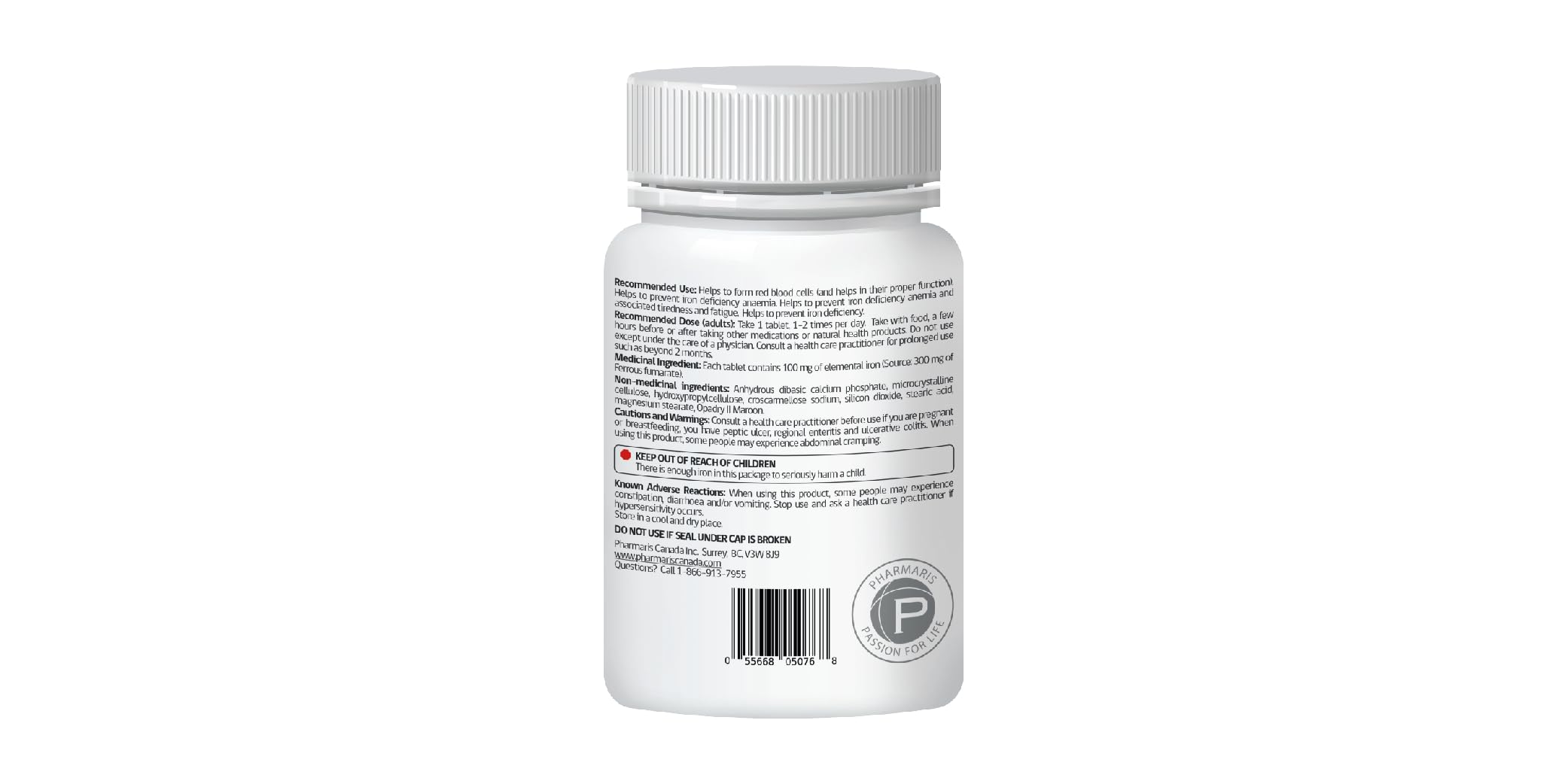 Pharmaris Ferofit nutrition label close-up emphasizing 100 mg iron.