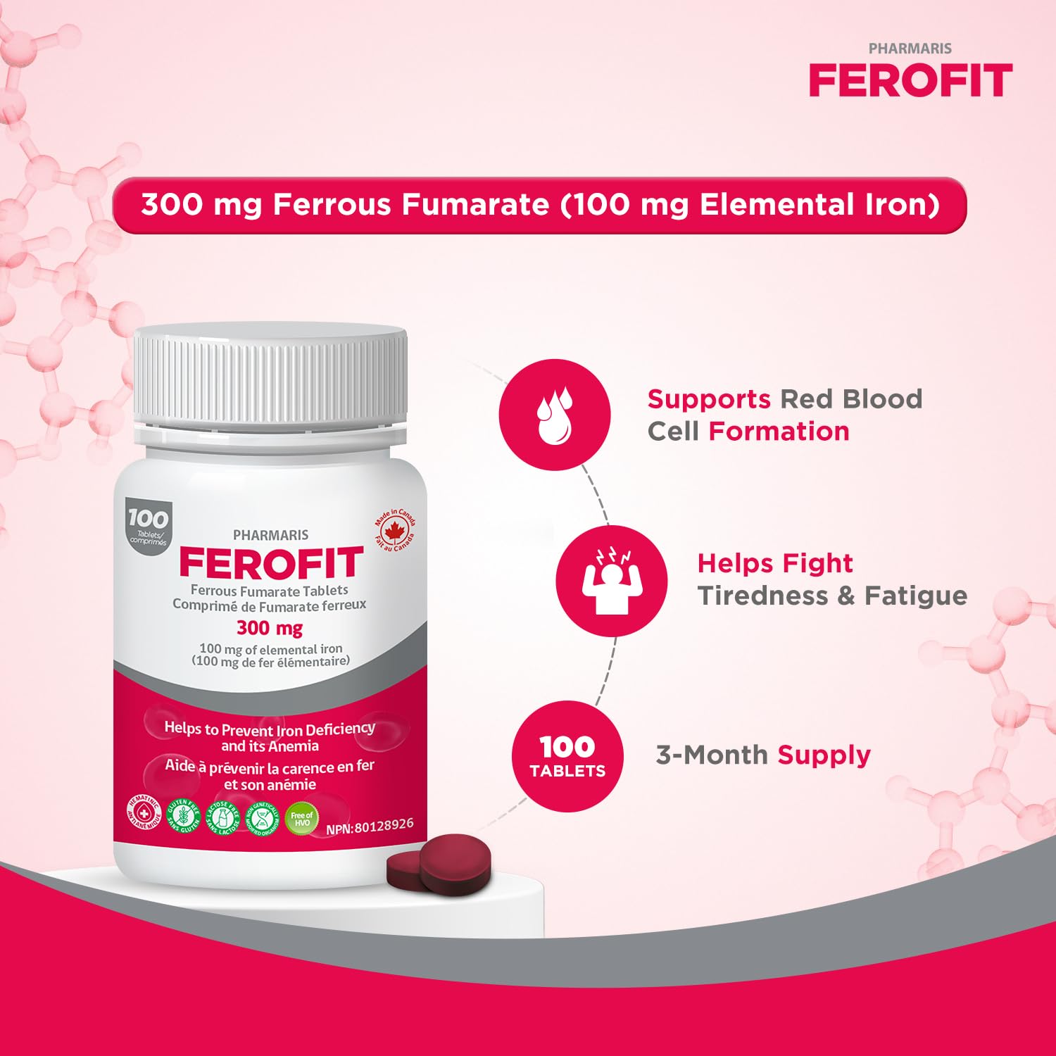 Pharmaris Ferofit tablets dispensed for convenient daily iron intake.