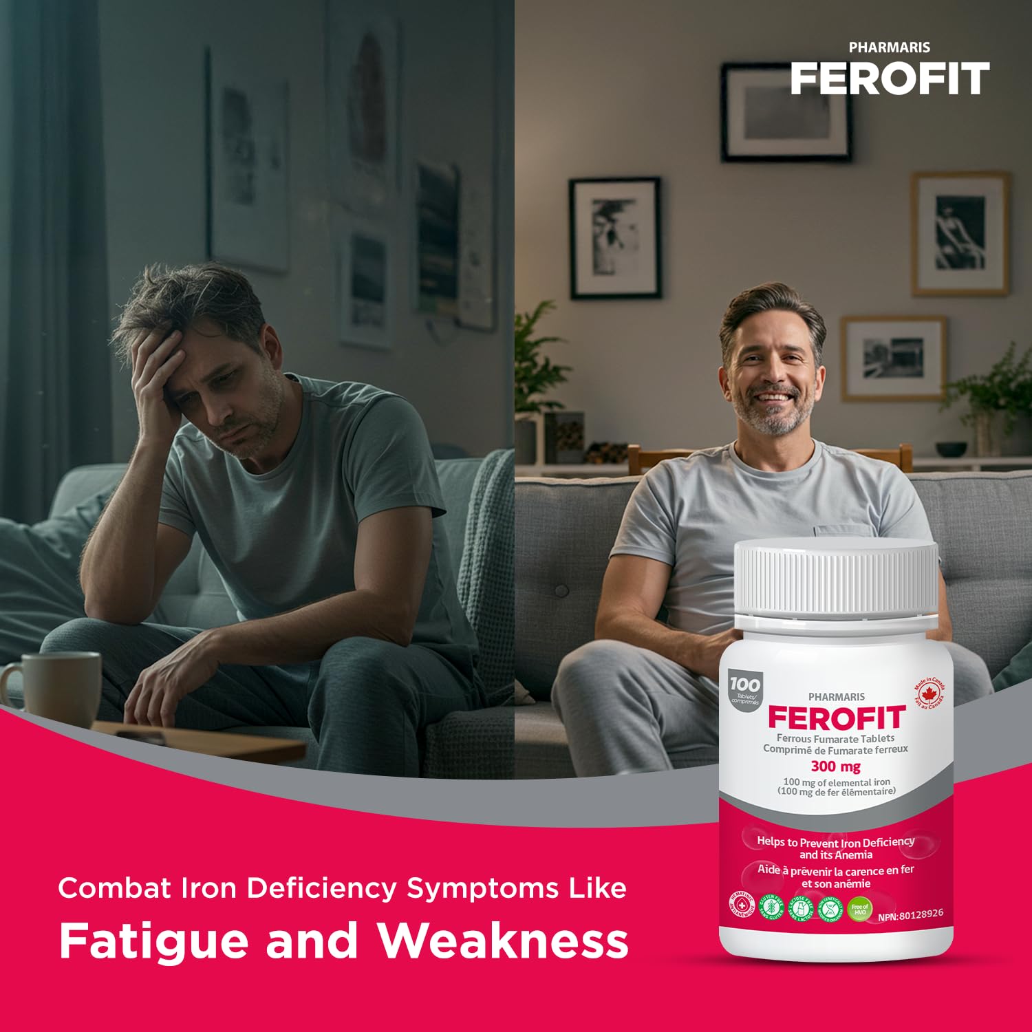 Pharmaris Ferofit tablets in hand highlighting portable daily iron.