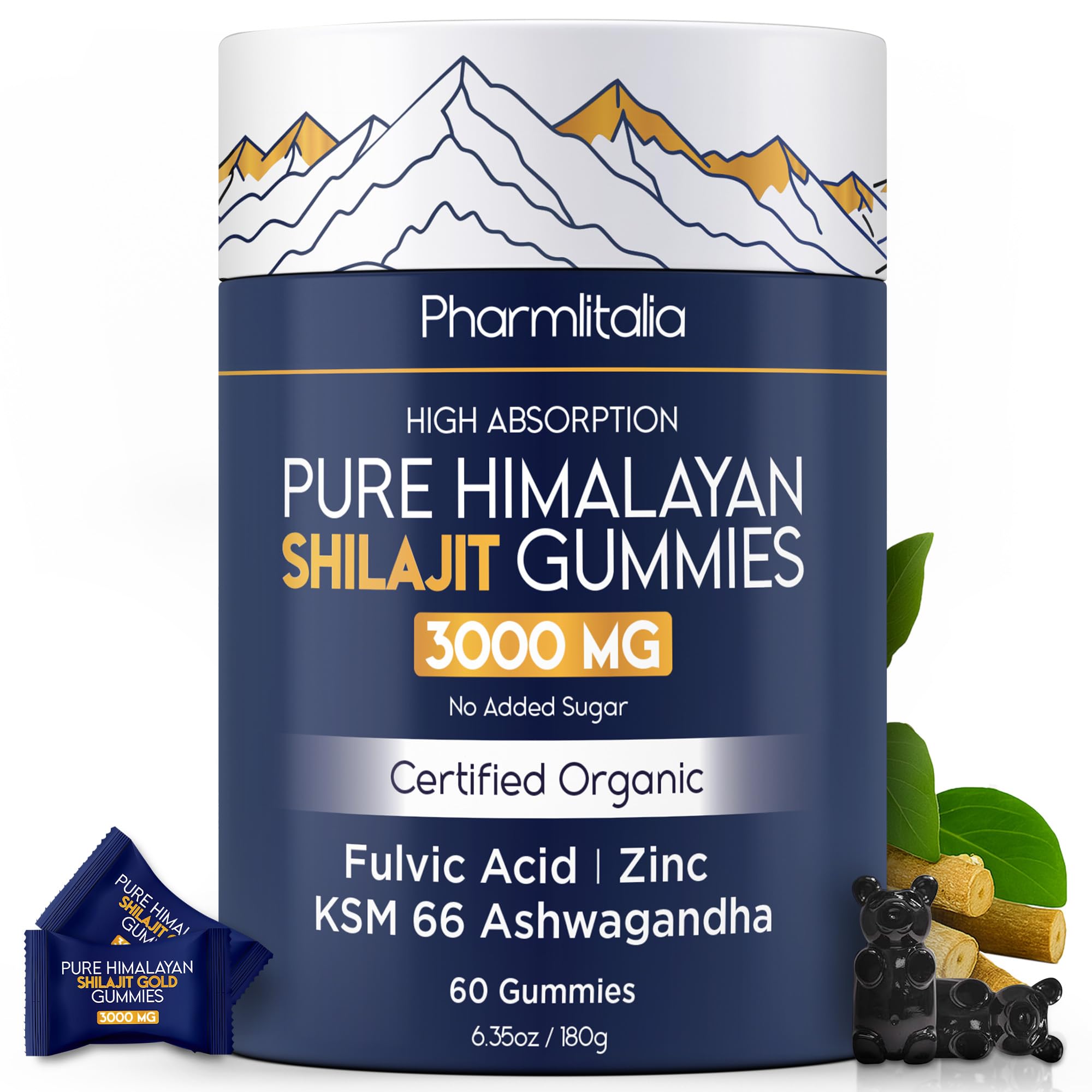 Pharmlitalia Shilajit Gummies in a jar showing Himalayan energy support