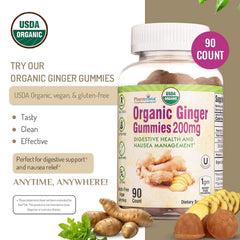 Pharmvista Ginger Gummies allergen-free icons indicate gluten-, dairy-, nut-, soy-free formula.