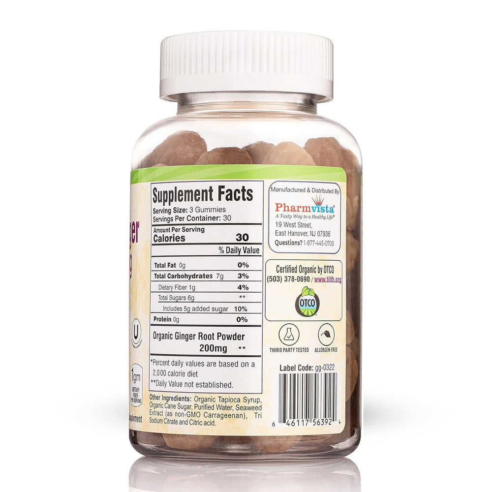 Pharmvista Ginger Gummies bottle close-up highlighting 200 mg ginger per gummy.