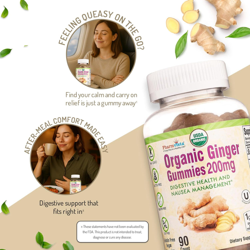 Pharmvista Ginger Gummies production badge highlighting USA facility and organic certification.