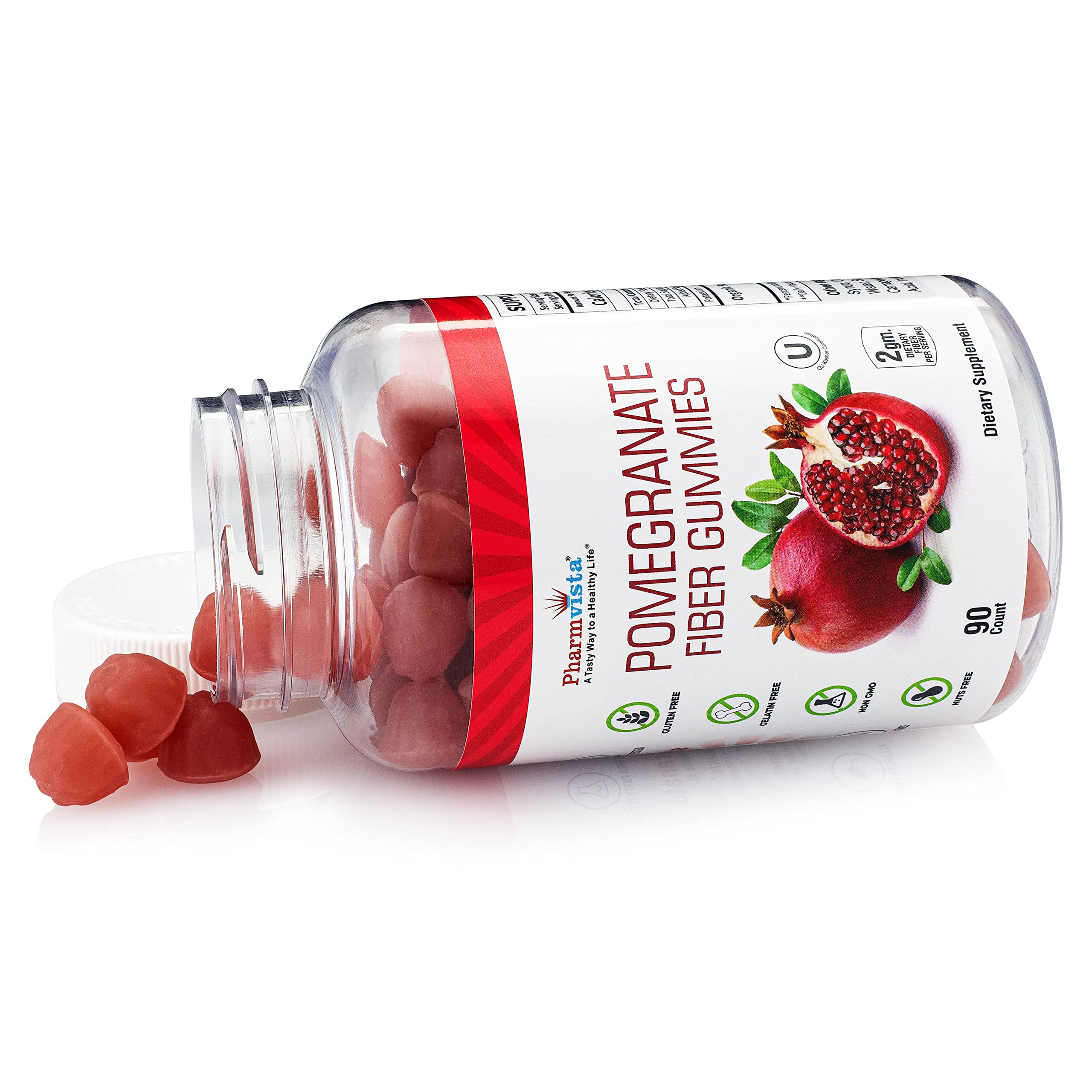 Pharmvista Pomegranate Fiber Gummies bottle being poured for convenient daily use.