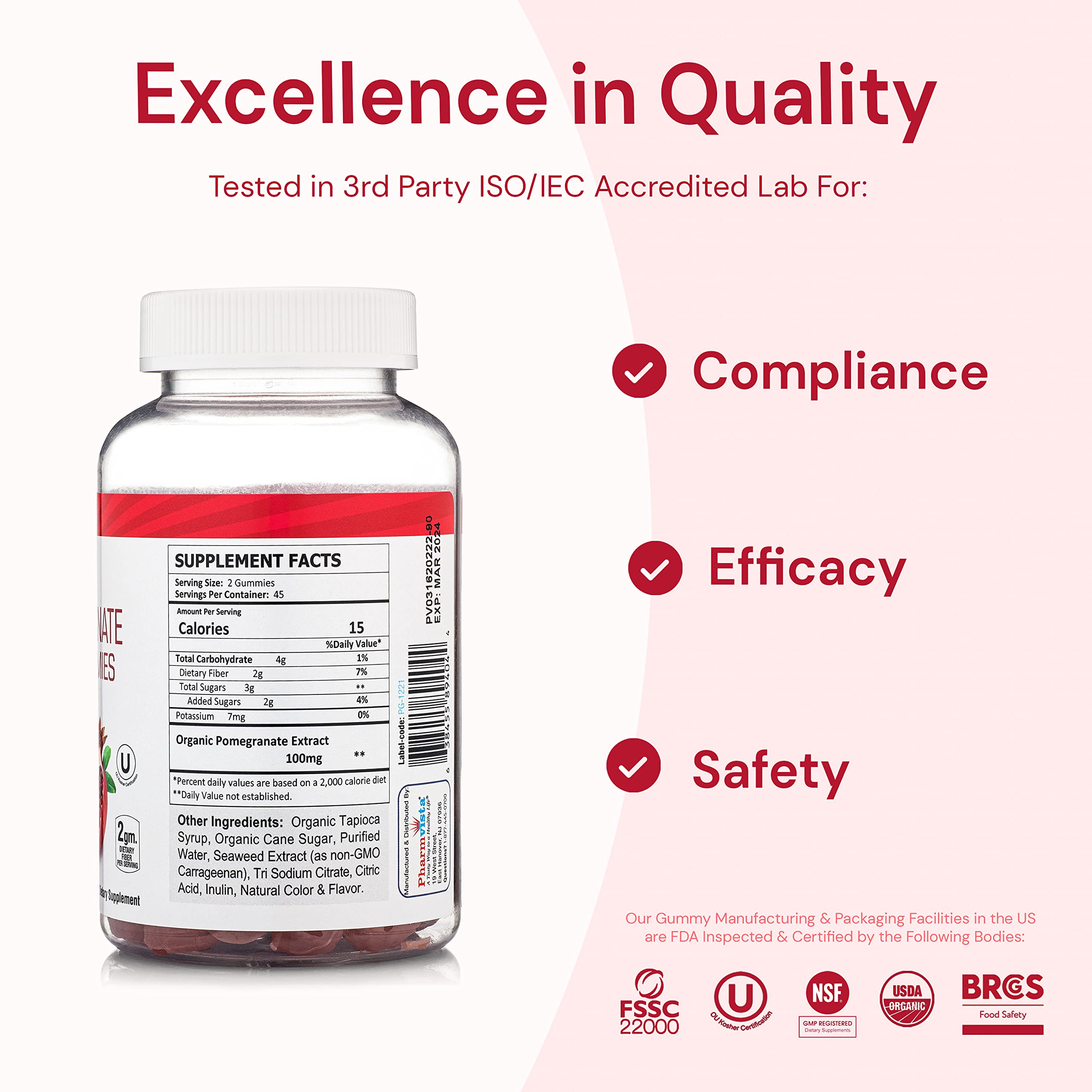Gluten-free icon beside Pharmvista packaging signals allergen-conscious design.