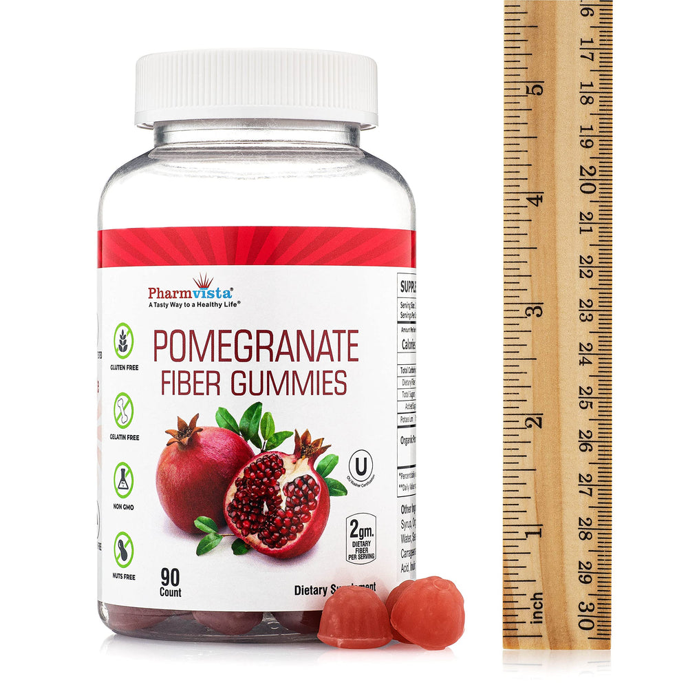 Ingredients panel for Pharmvista Pomegranate Fiber Gummies emphasizes organic pomegranate.
