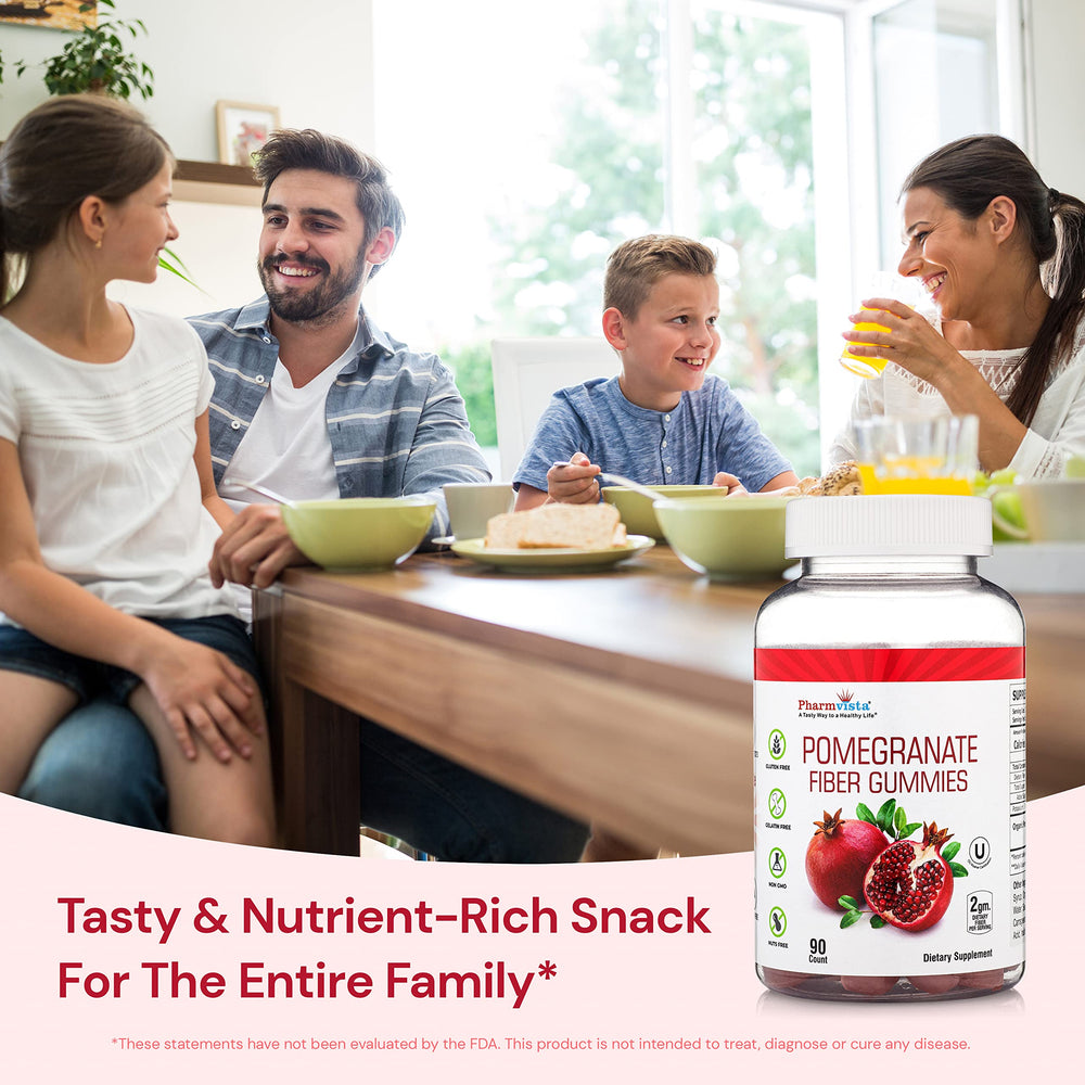 Kid-serving Pharmvista Pomegranate Fiber Gummies visuals indicate family-friendly use.