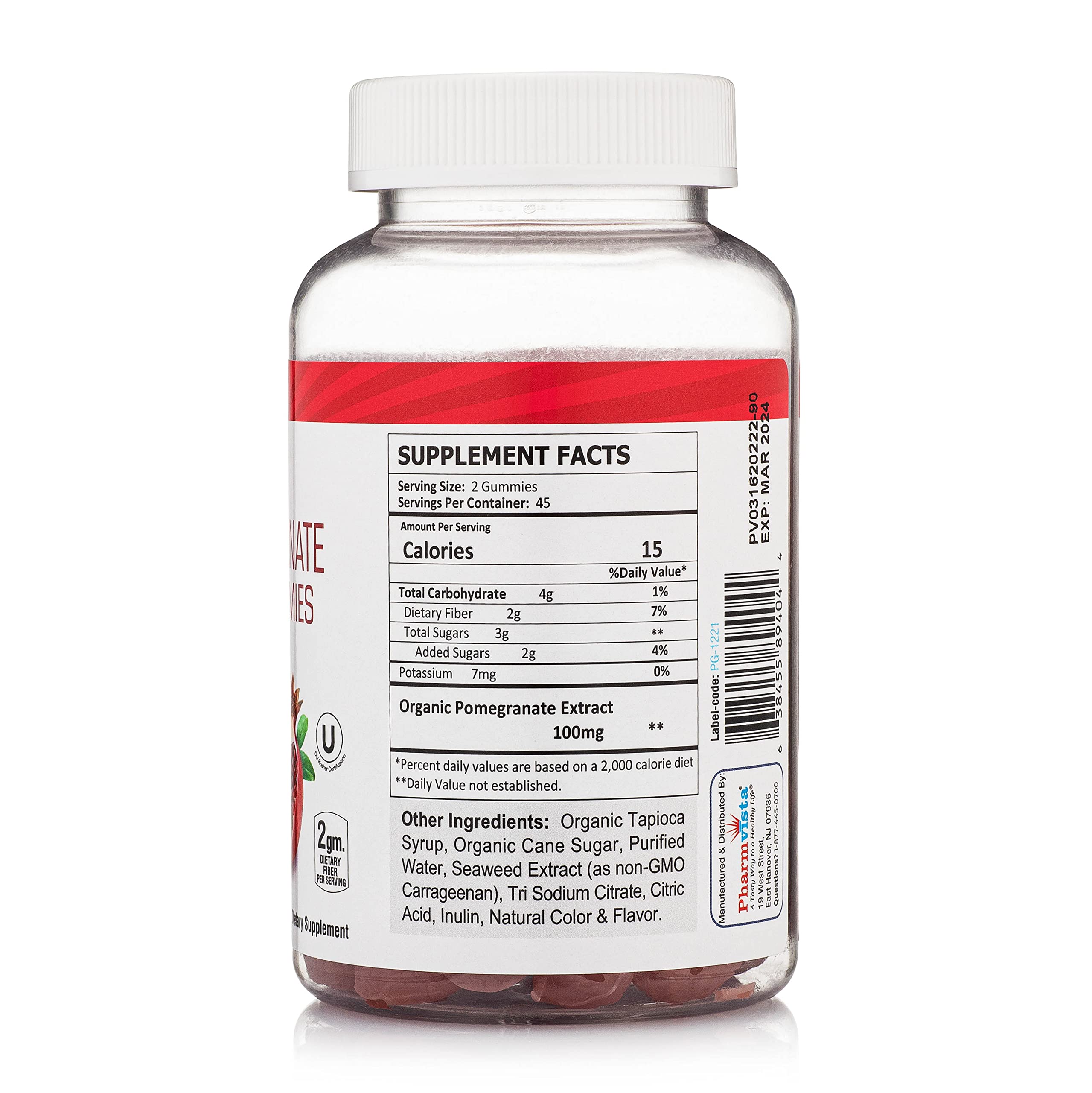 Close-up of Pharmvista Pomegranate Fiber Gummies label showing allergen-free promise.
