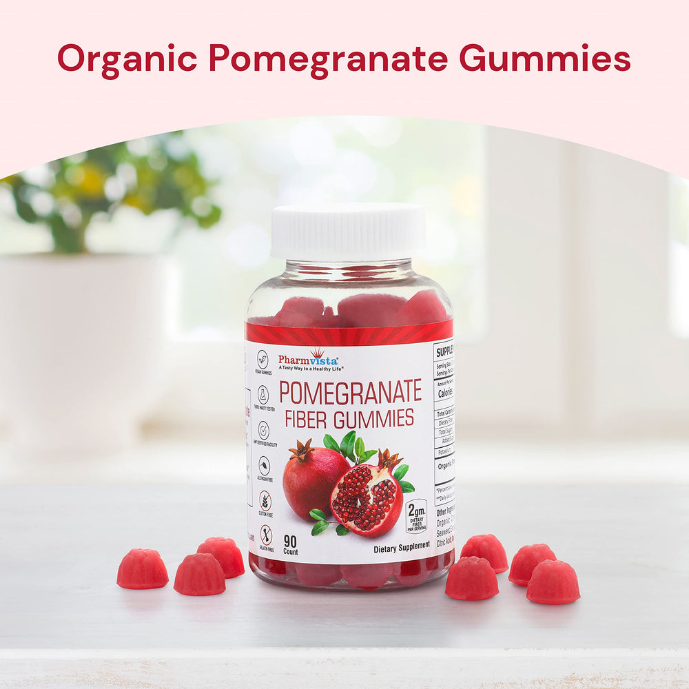 Nutrition facts panel of Pharmvista Pomegranate Fiber Gummies highlights fiber content.