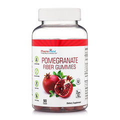 Pharmvista Pomegranate Fiber Gummies packaging highlights vegan, gluten-free features.