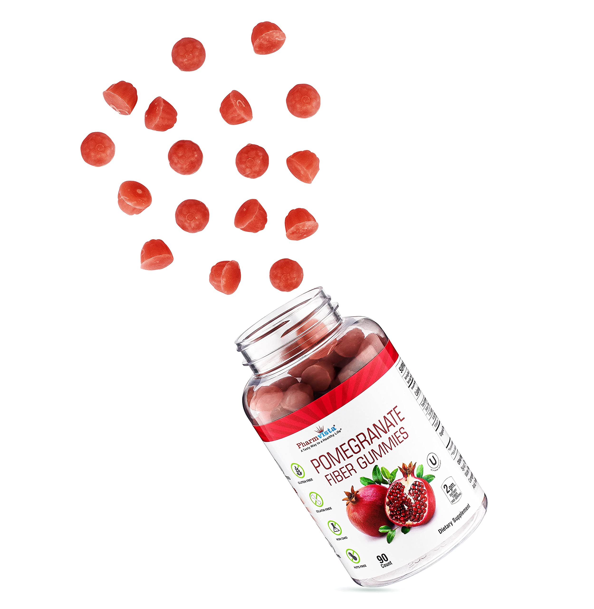 Texture and color of Pharmvista Pomegranate Fiber Gummies for daily fiber support.