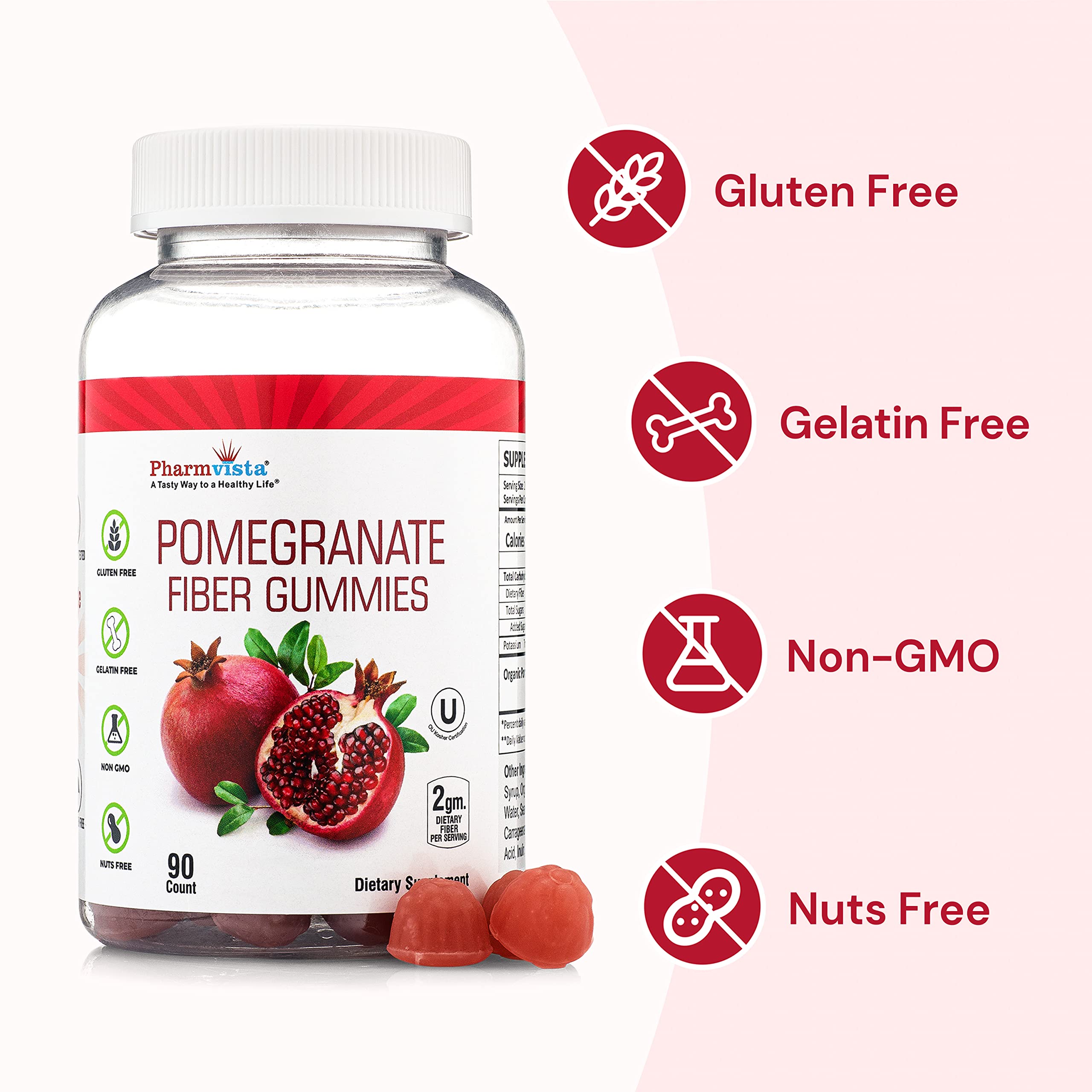 Vegan symbol on Pharmvista Pomegranate Fiber Gummies box.