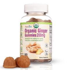 Pharmvista Ginger Gummies pack shot showing organic vegan formula for digestive comfort.