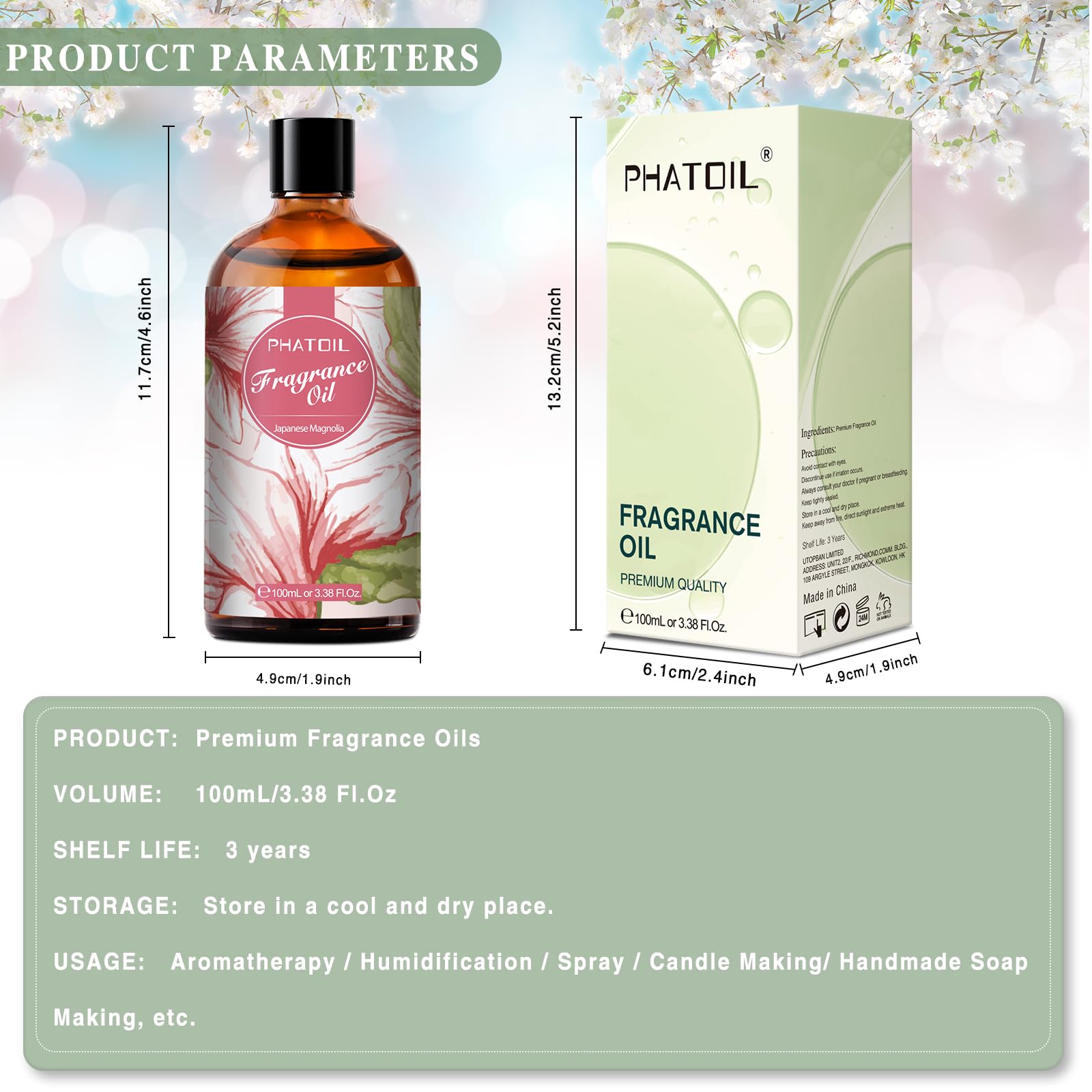 PHATOIL Magnolia Japonesa: aceite en vidrio de lujo para aromaterapia.
