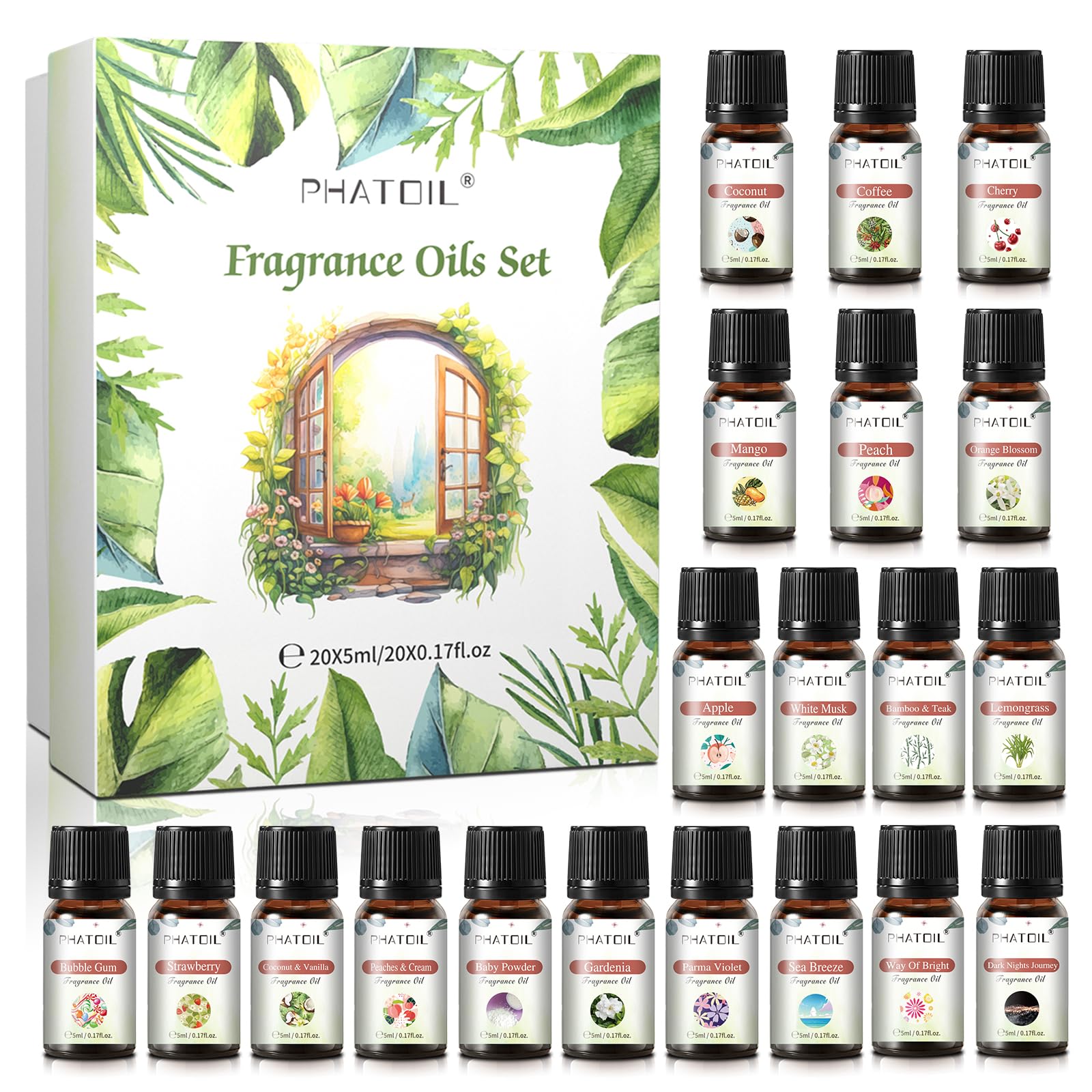 PHATOIL Coconut 20 Pcs Fragrance Oil Set pack shown for gifting and home scenting.