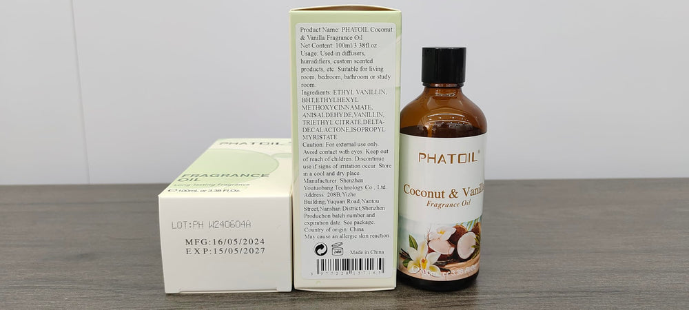 PHATOIL coconut-vanilla bottle closeup showcases quality and clarity.