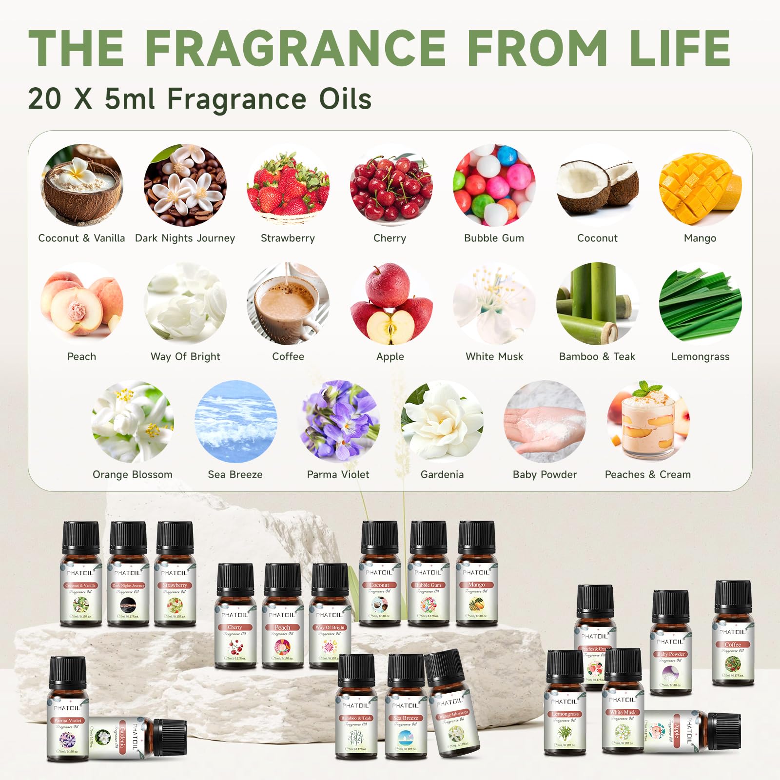 PHATOIL fragrance oil bottles displayed for diffuser use and room scenting.