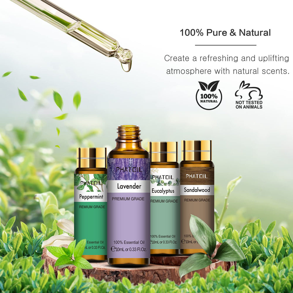 PHATOIL sandalwood essential oil bottle offers earthy, grounding notes.