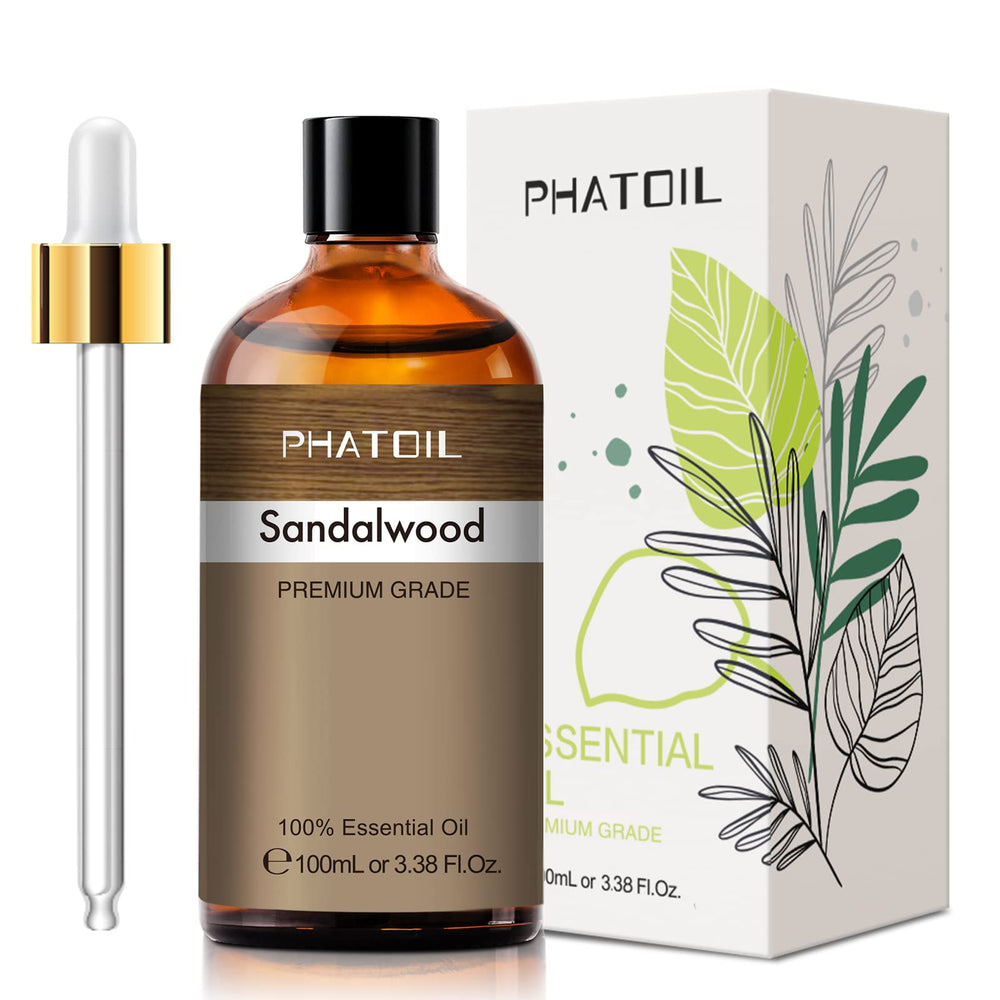 PHATOIL Sandalwood Essential Oil bottle showcases long-lasting fragrance for diffusers.