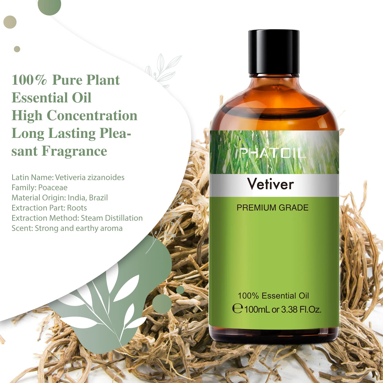 PHATOIL Vetiver oil shown for diffuser use and long lasting aroma