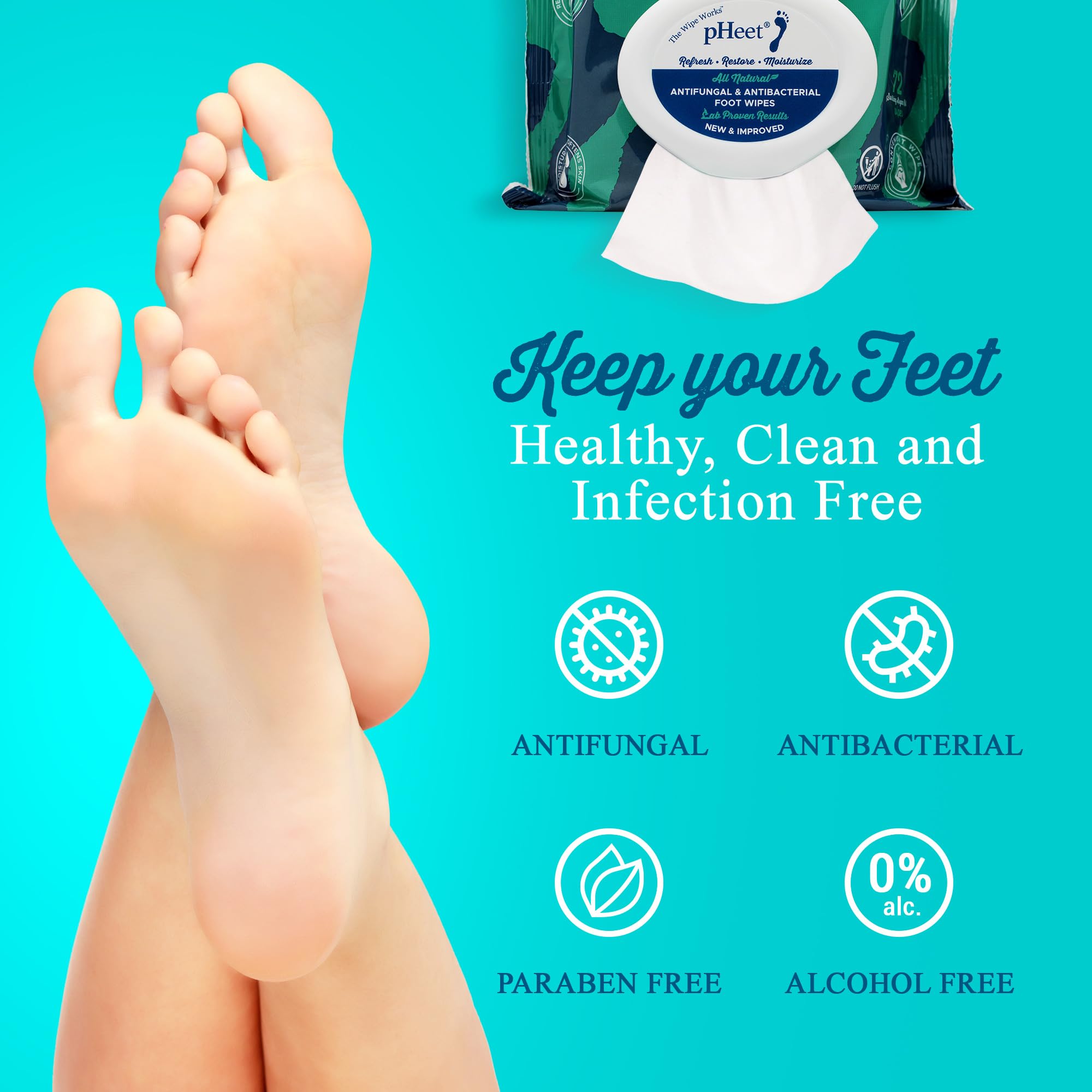 pHeet Foot Wipes anti-fungal formula highlights protection and cleansing