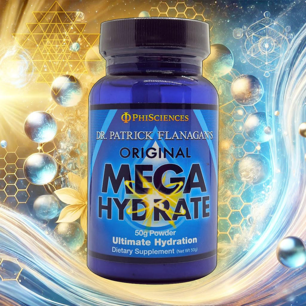 Phi Sciences Mega Hydrate Powder glass hydration moment emphasizes convenient use.