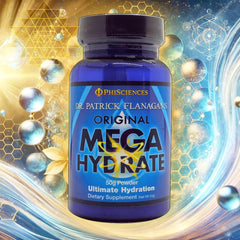 Phi Sciences Mega Hydrate Powder glass hydration moment emphasizes convenient use.