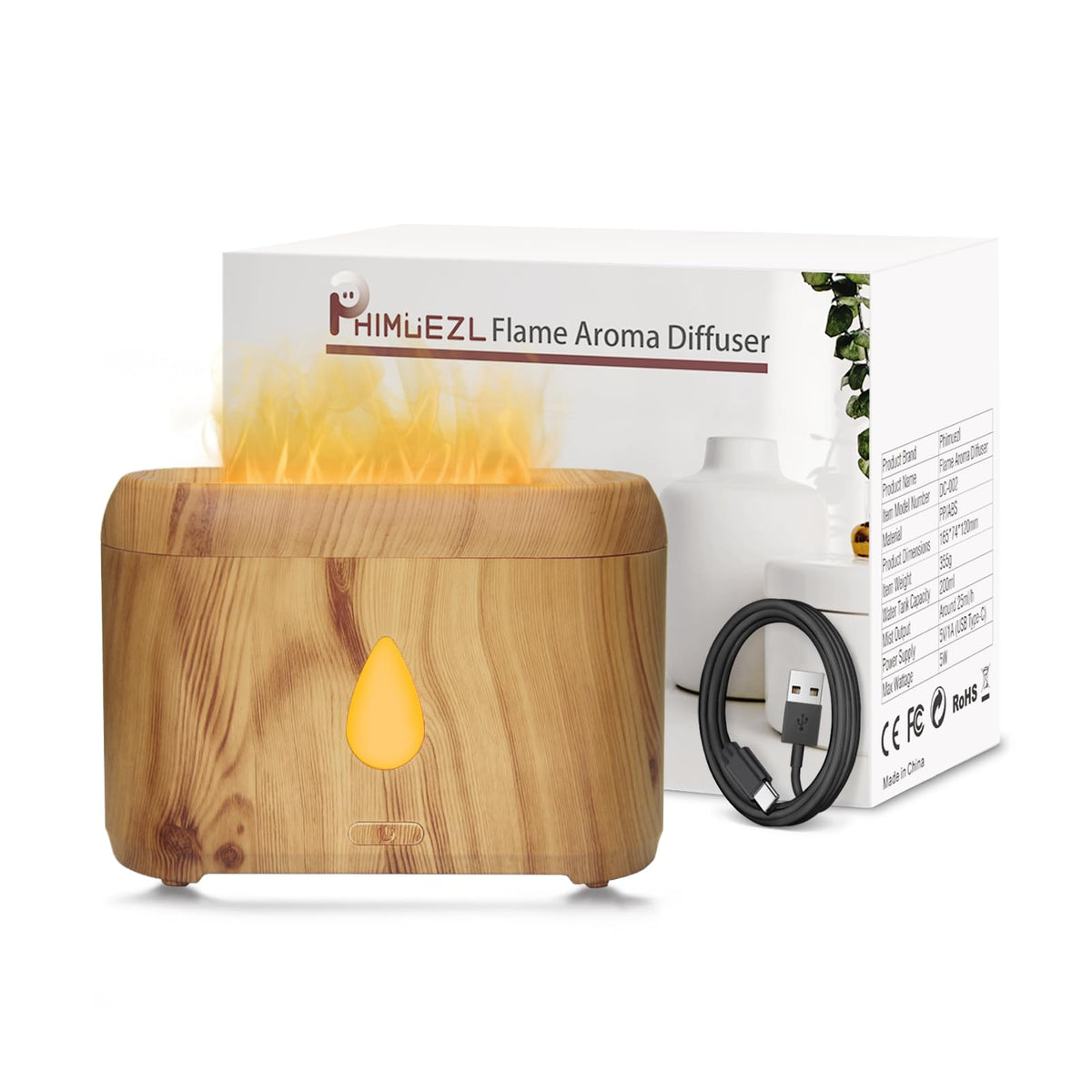 Phimuezl flame diffuser with wooden grain creates a cozy aromatherapy ambiance at home