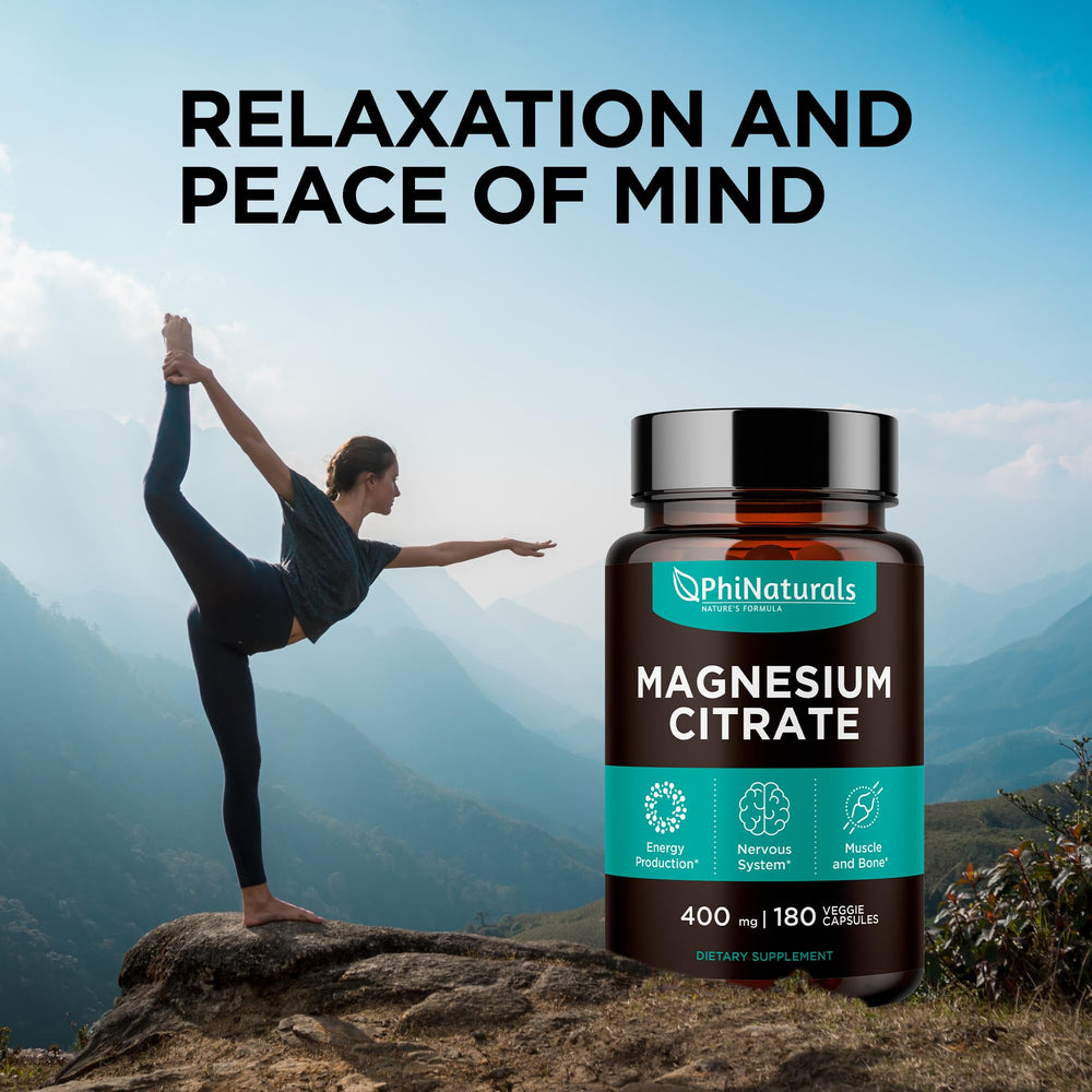 PhiNaturals magnesium citrate bottle illustrating nervous system and muscle support