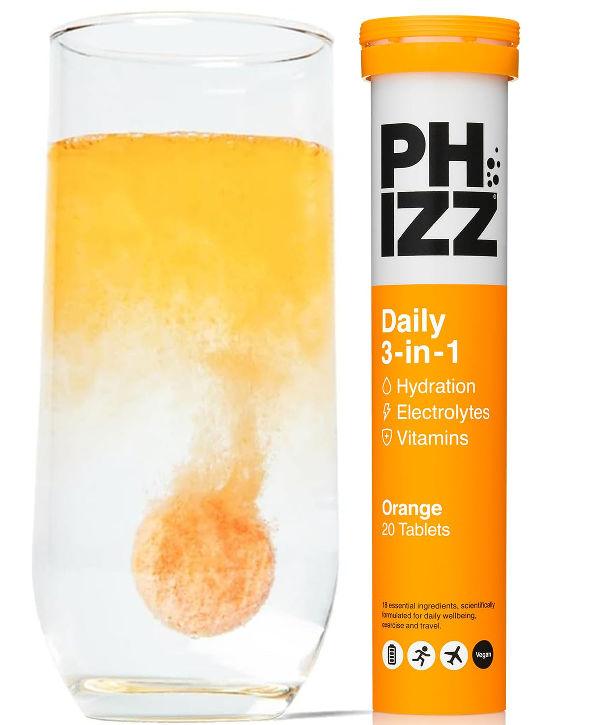Phizz orange effervescent tablet dissolving in water for quick hydration and energy support.