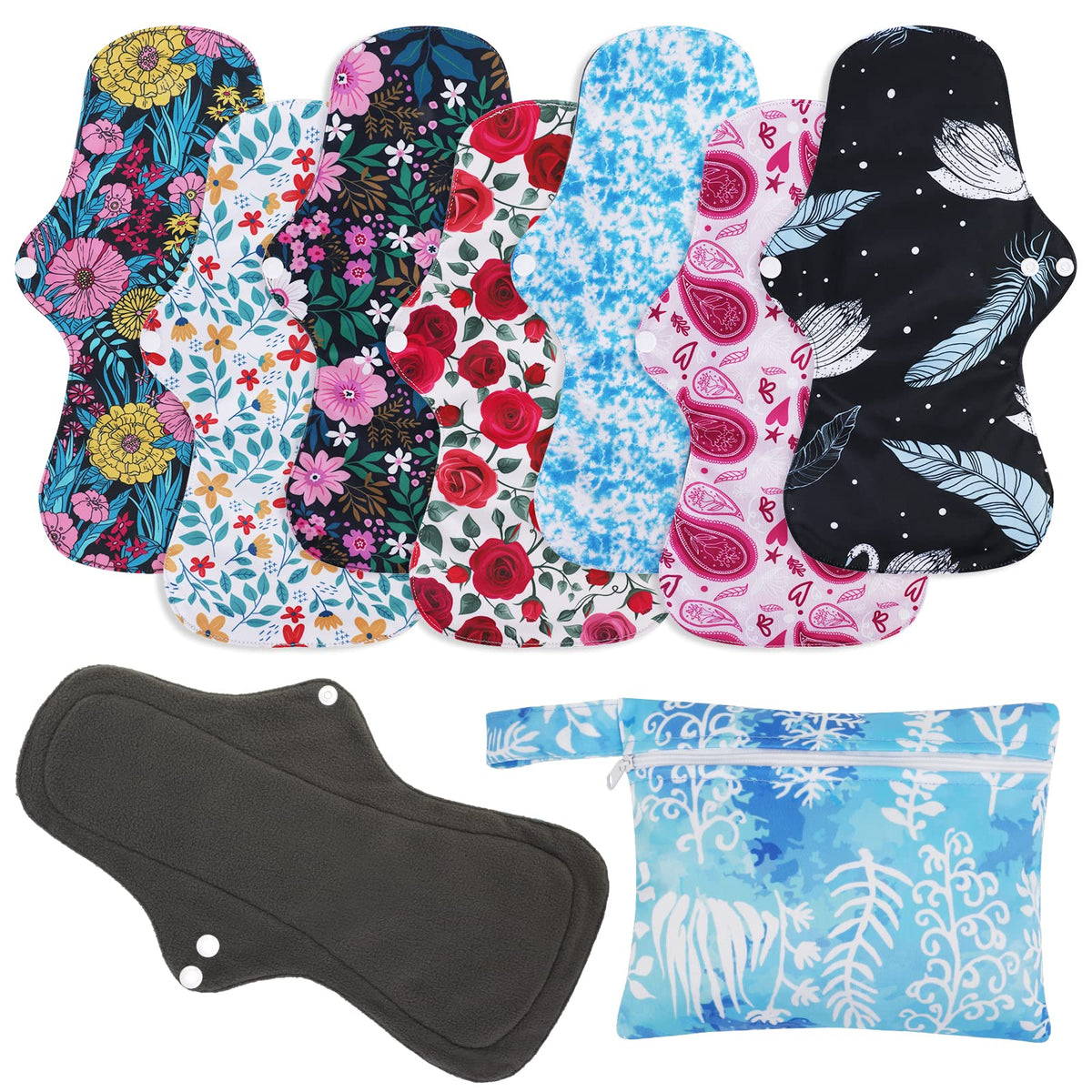 PHOGARY reusable menstrual pads large 7-in-1 set for daily and overnight protection.