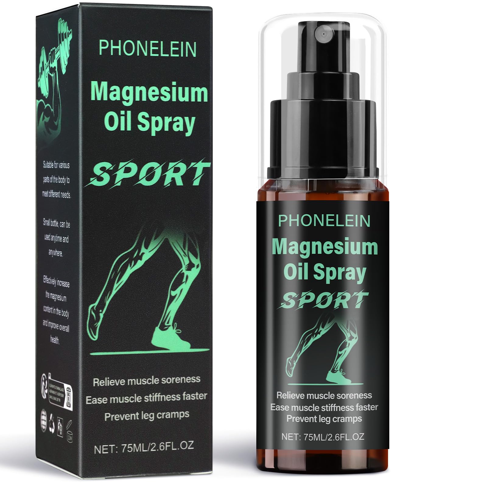 Phonelein magnesium spray bottle shows Dead Sea magnesium for fast relief.