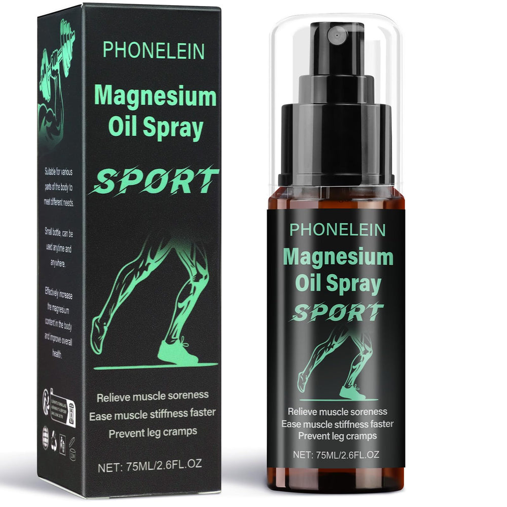 Phonelein magnesium spray bottle shows Dead Sea magnesium for fast relief.