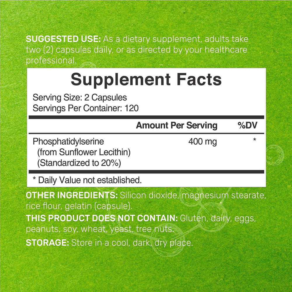Phosphatidylserine supplement capsules close-up showing texture and coating