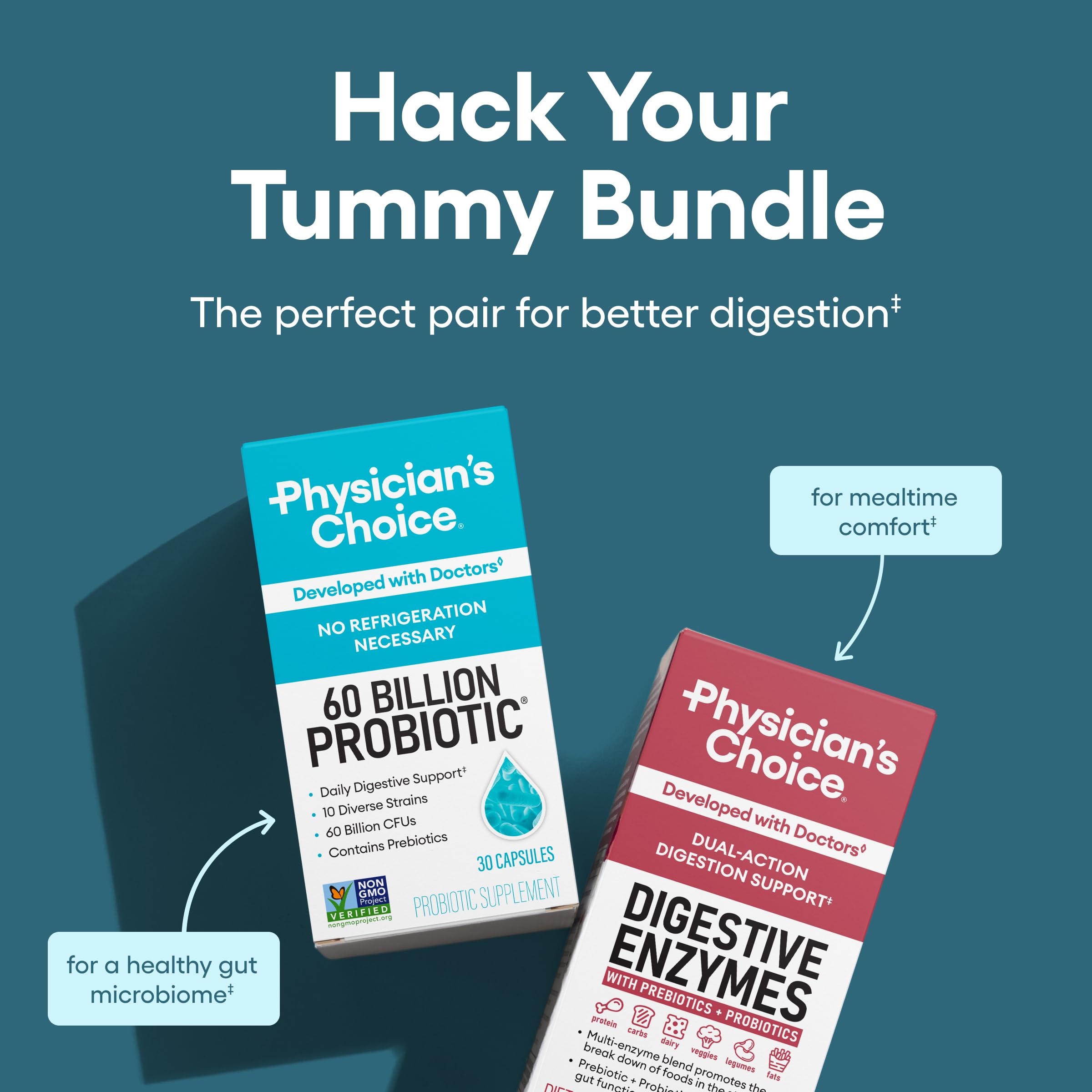 Physician's CHOICE Advanced Gut Health Bundle digestive enzymes bottle close-up promotes nutrient absorption.