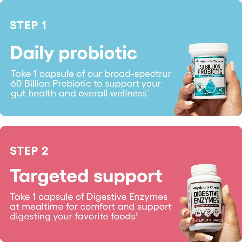 Physician's CHOICE Advanced Gut Health Bundle label close-up highlights probiotic strains and enzymes.