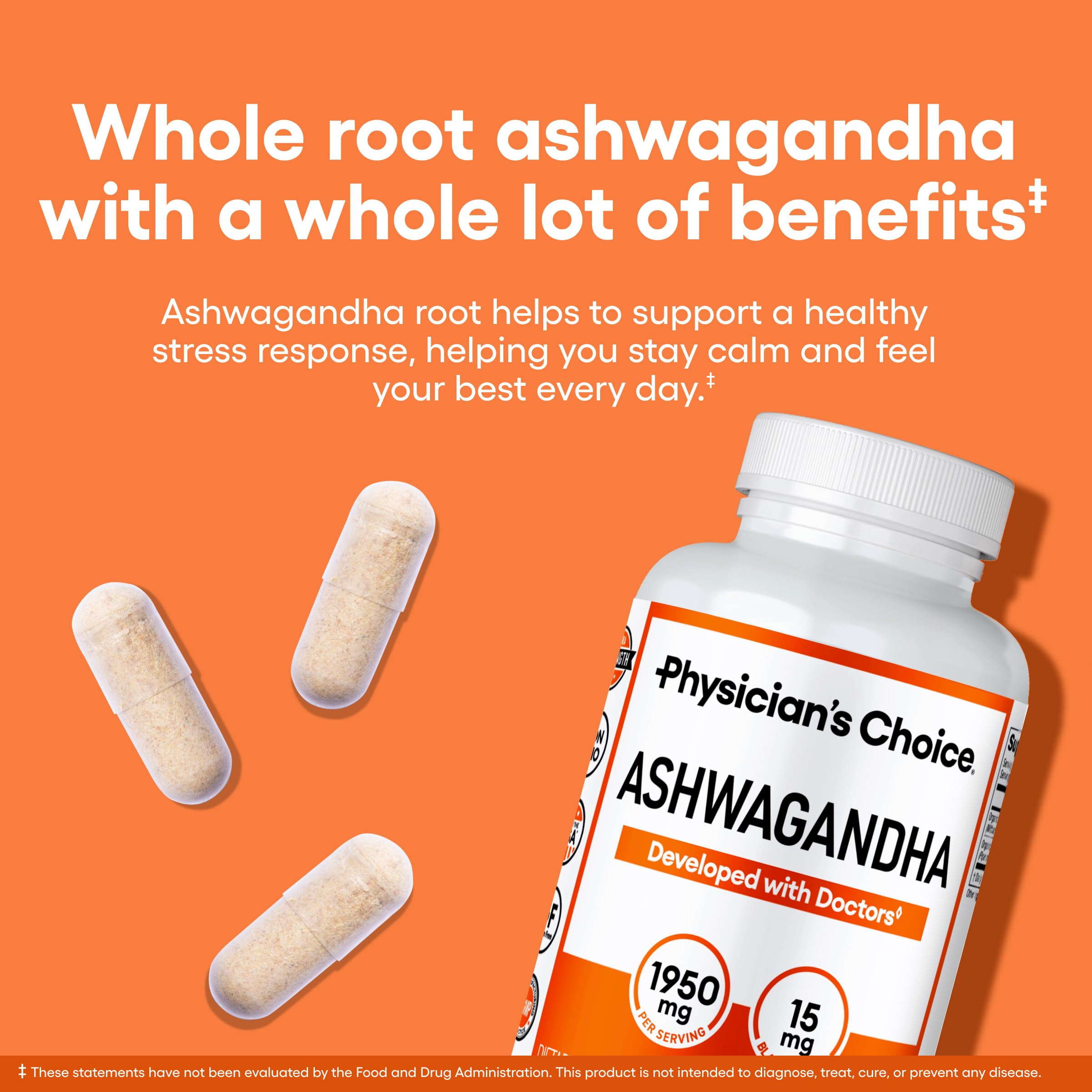 Physician's CHOICE Ashwagandha capsules pack for daily mood and focus support.