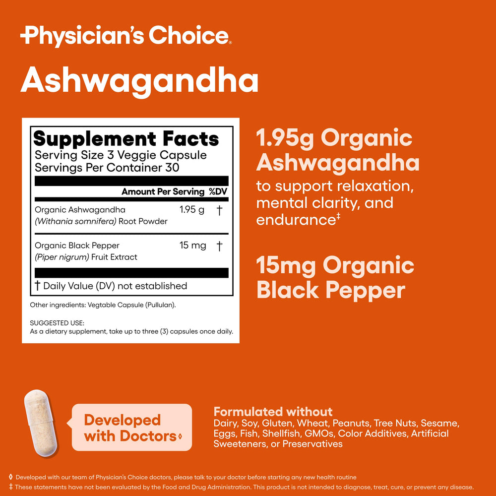 Physician's CHOICE Ashwagandha third-party tested for purity and safety.