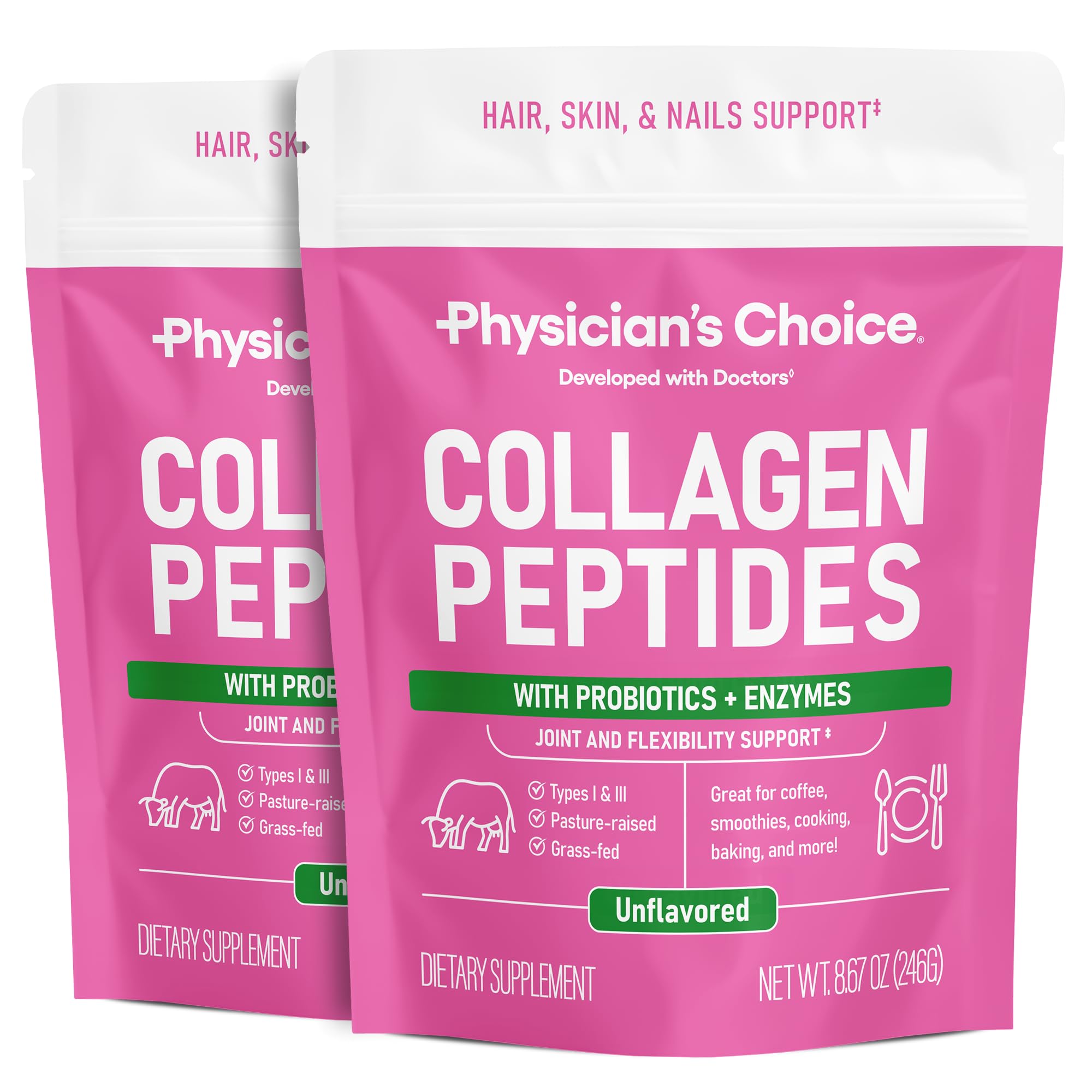 Physician's CHOICE collagen peptides powder bottle with hydrolyzed formula for better absorption.