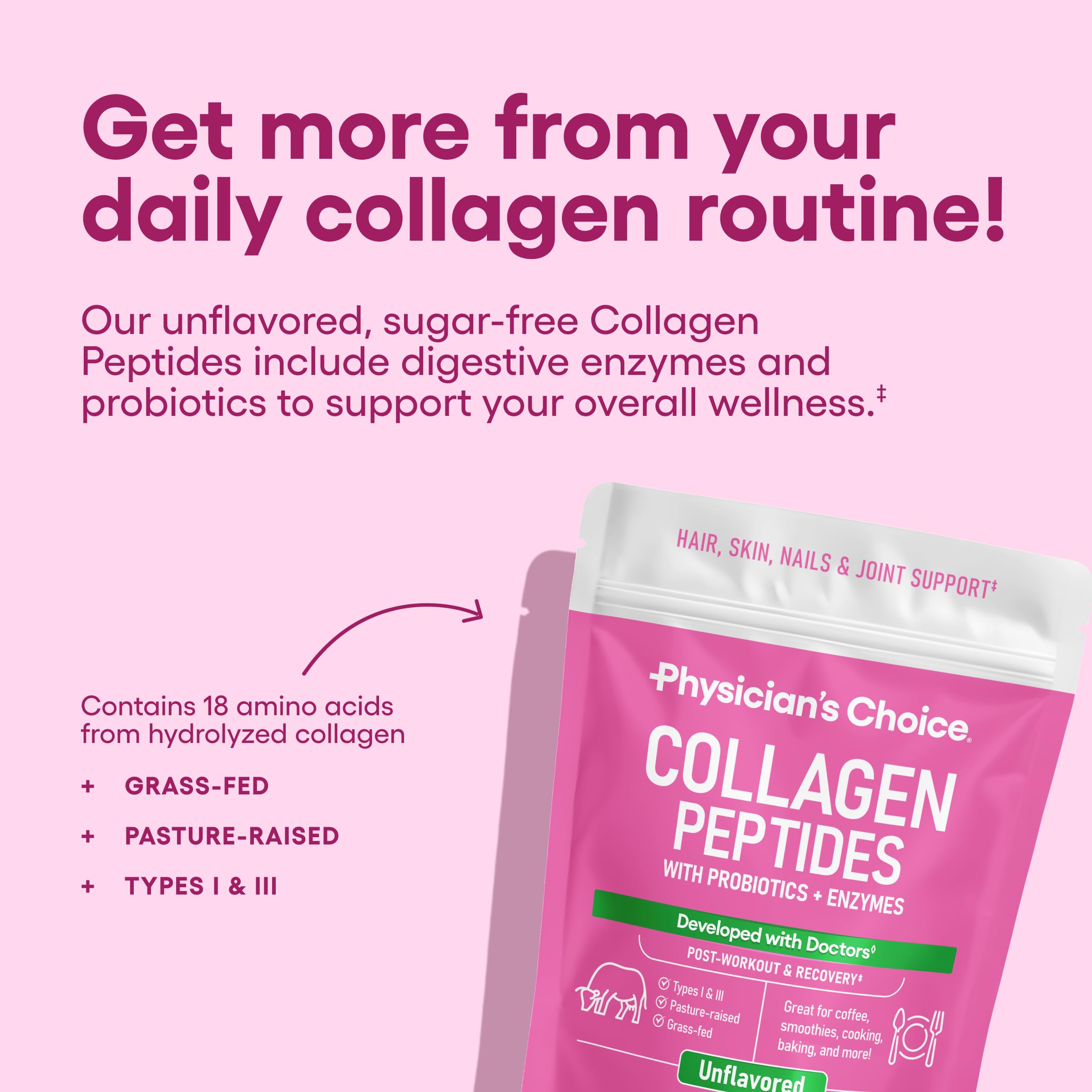 Physician's CHOICE collagen peptides powder scoop in glass blends easily into beverages.