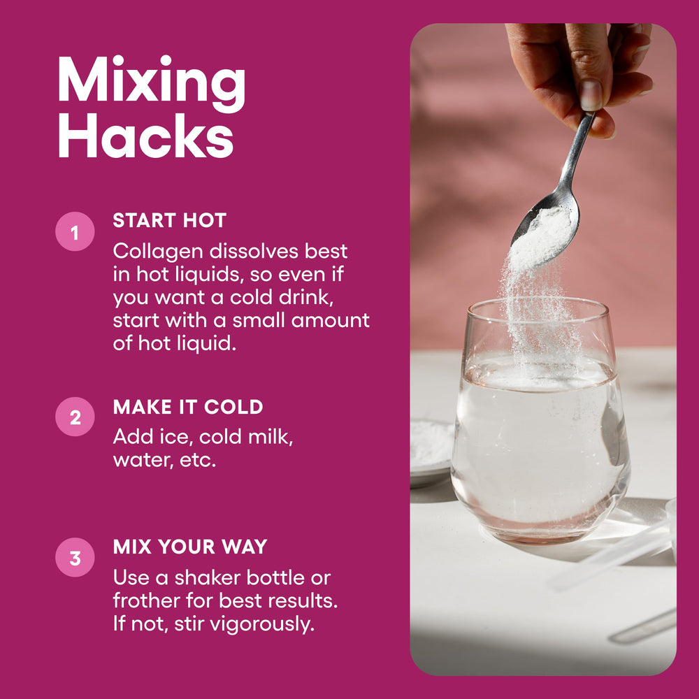 Scoop of Physician's CHOICE collagen next to a smoothie for hair and skin support.