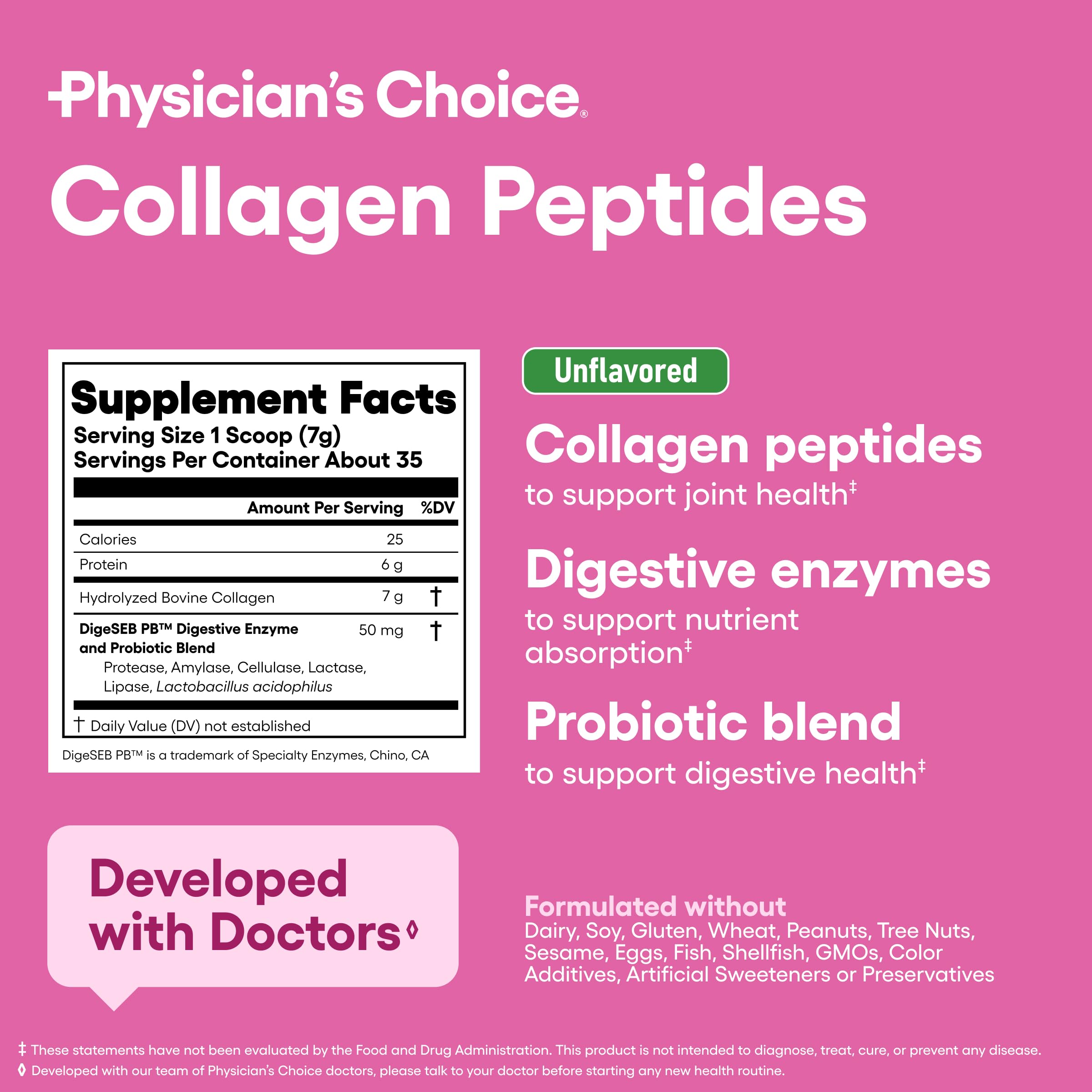 Physician's CHOICE collagen peptides USA-made label on packaging, emphasizing domestic production.