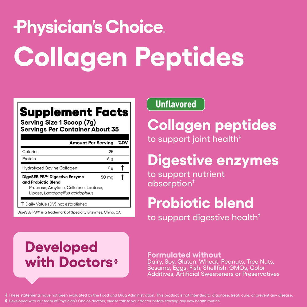 Physician's CHOICE collagen peptides USA-made label on packaging, emphasizing domestic production.