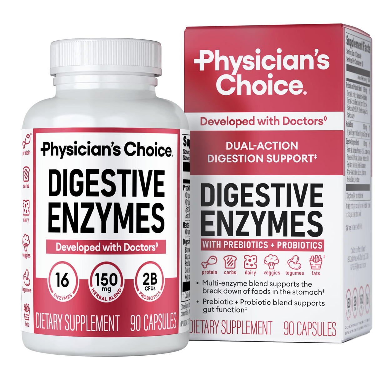 Physician's CHOICE digestive enzymes bottle label with 90 capsules for meal-time support.