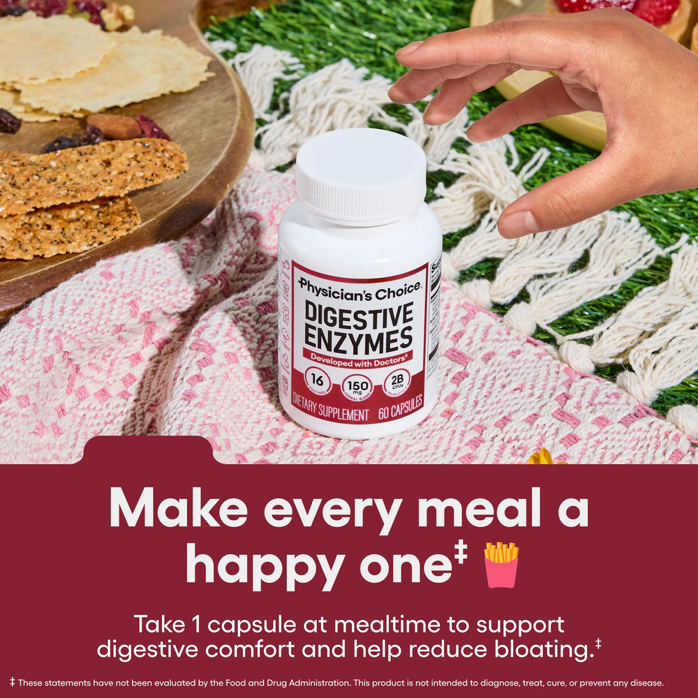 Close-up of Physician's CHOICE label highlighting 16 enzymes and probiotic blend