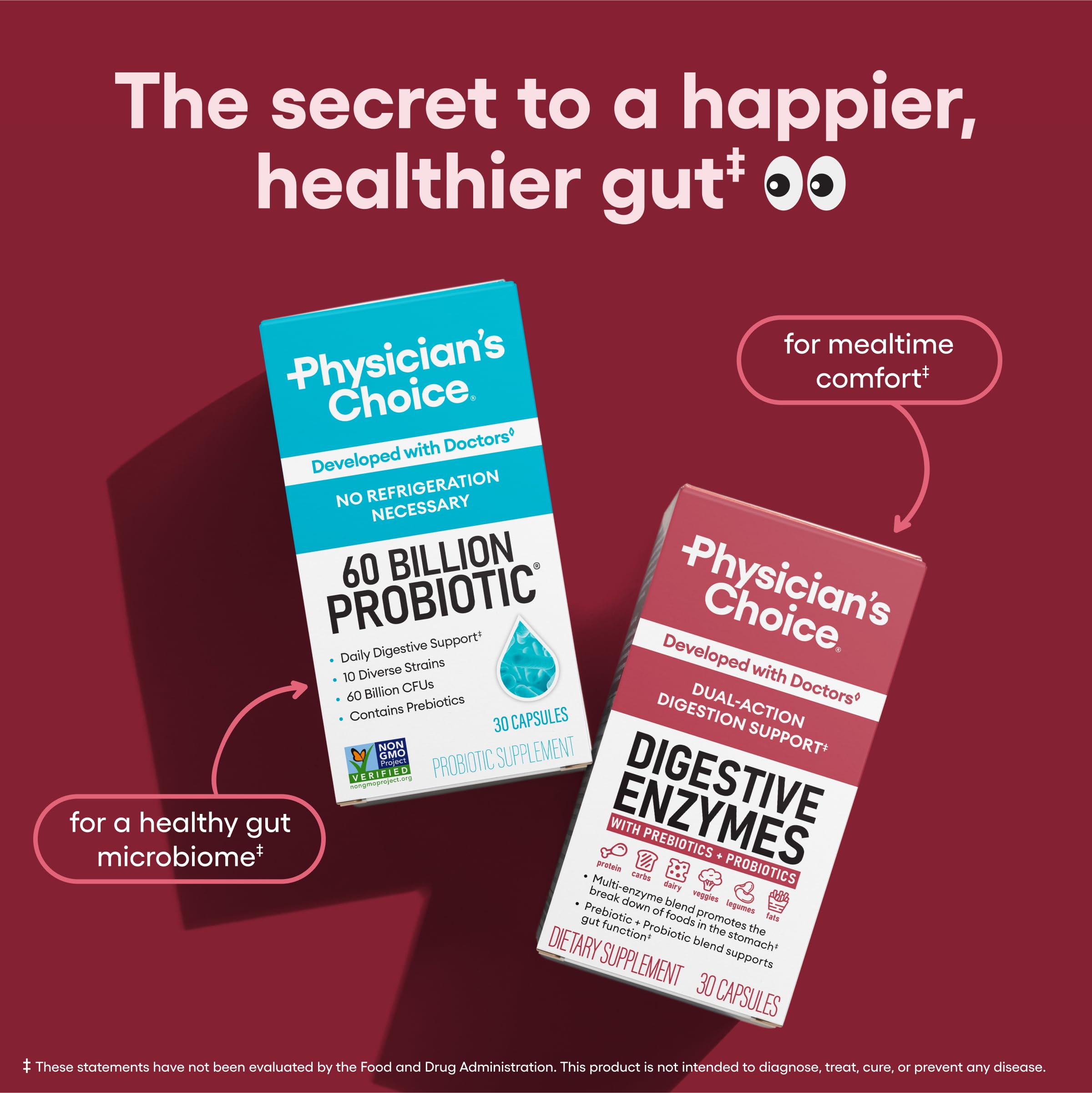 Physician's CHOICE probiotic bottle emphasizes soil-based strains and organic prebiotics.